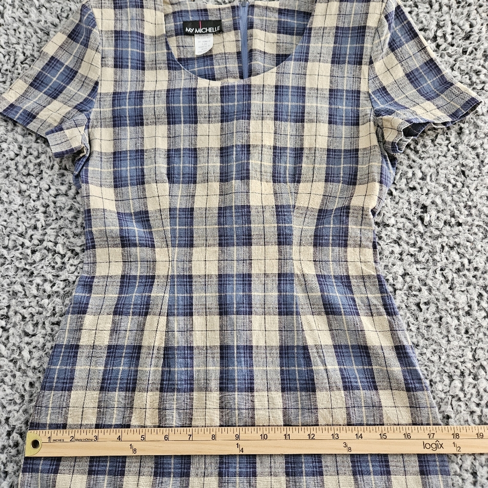Vintage 90s My Michelle Blue Plaid Mini Dress 7/8 XS Short Sleeve Linen Grunge - Picture 9 of 14